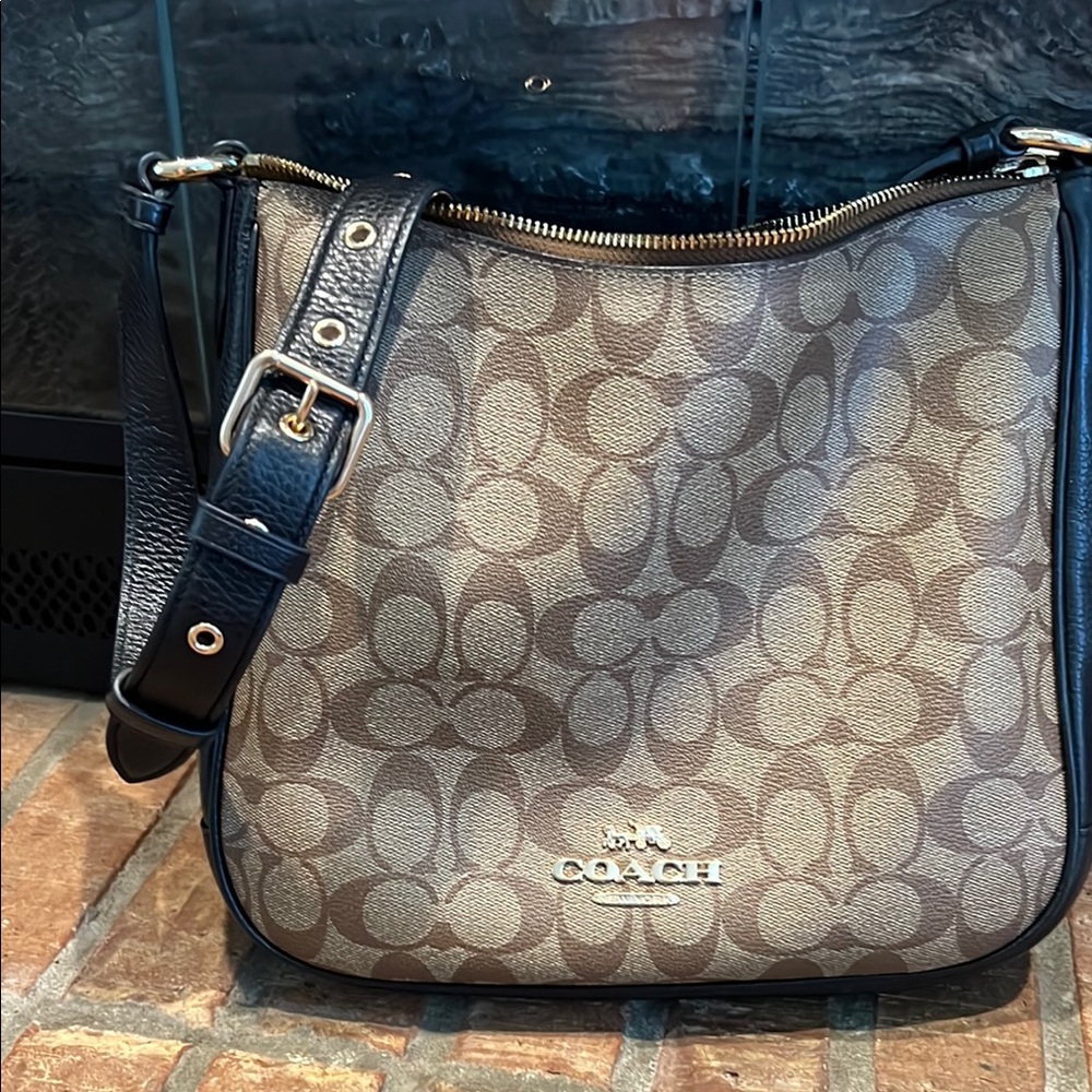 Coach Brown and Black Shoulder Bag with Monogram Canvas